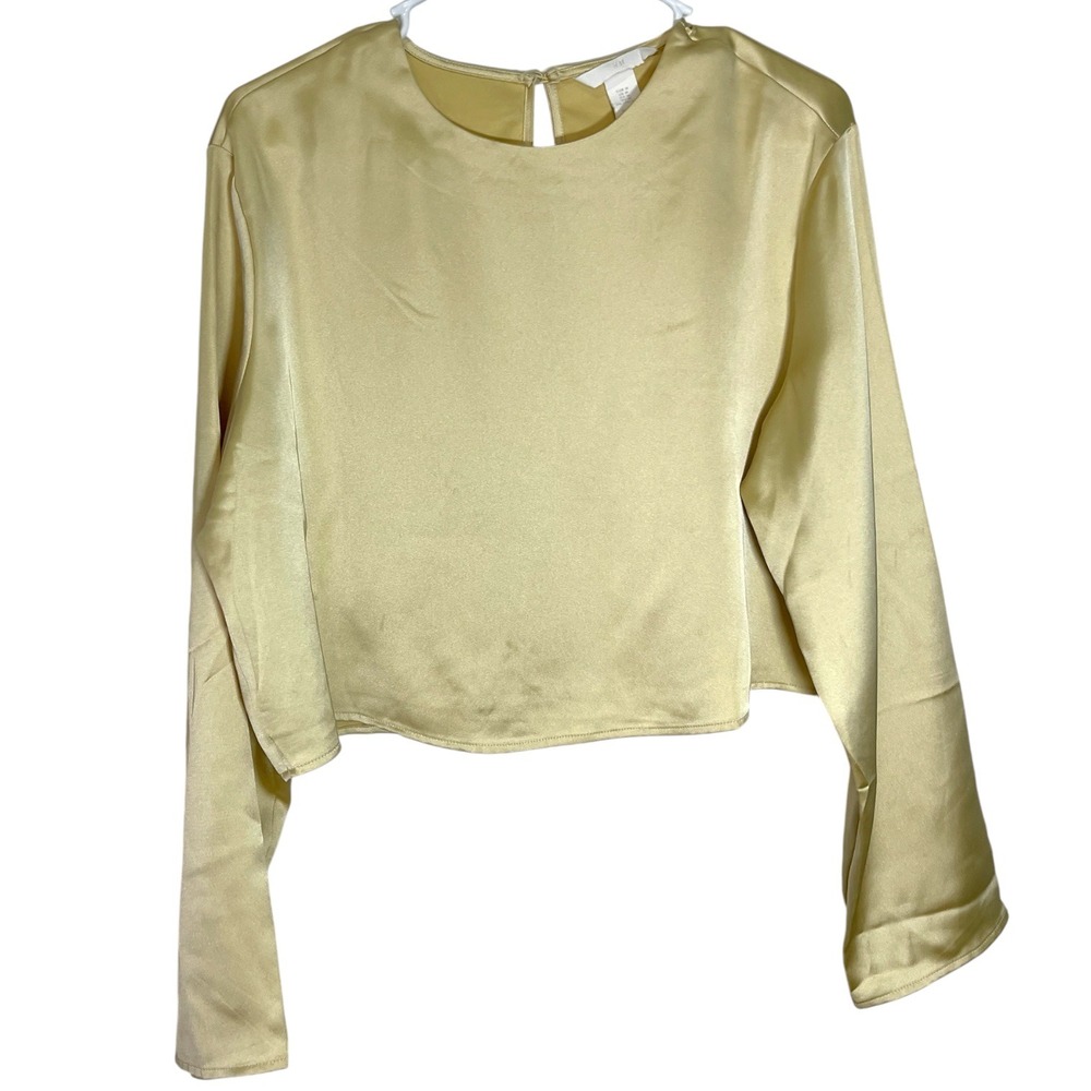 H&M M Gold Satin Blouse Cropped Long Sleeve‎ Keyhole Back Liquid Gold Minimalist